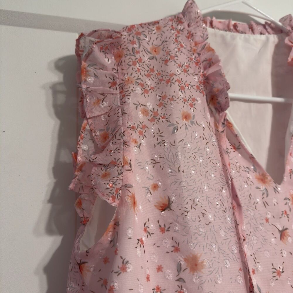 Women’s Pink Sleeveless Sheer Floral Ruffle Tie Neck Blouse Top Size Small - Picture 5 of 13